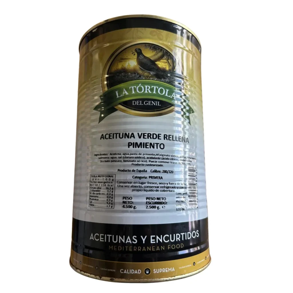 Aceituna Lata 2.5Kg verde rellena pasta pimiento La Tórtola